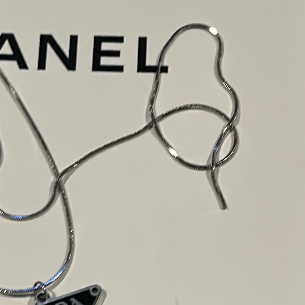 Prada Fashion  Black and Silver Logo Pendant Necklace - Picture 4 of 8